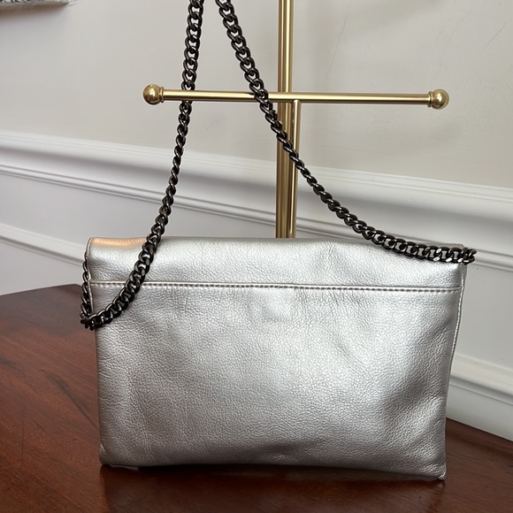 J. Crew Factory Envelope silver Leather Shoulder Bag Clutch with Chain Strap - Picture 3 of 7